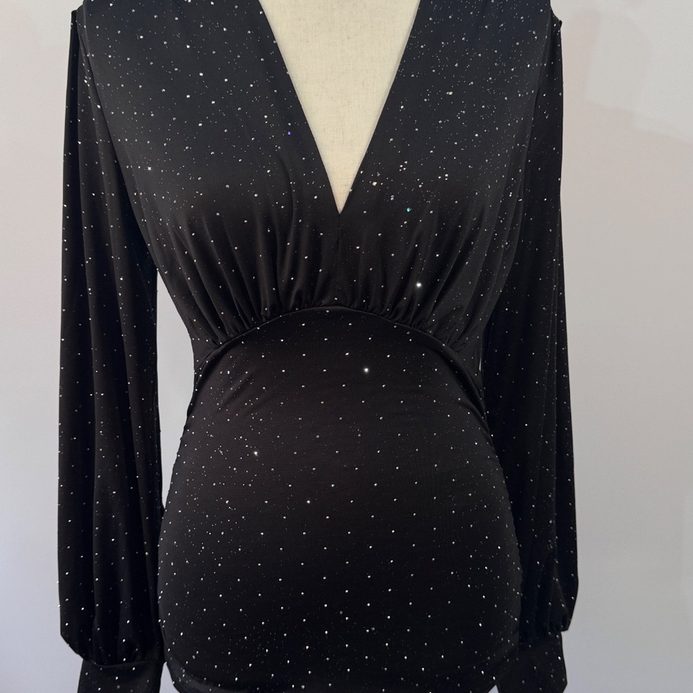 Unbranded V-Neck Long Sleeve Cuff Blouse Black Sequence Top